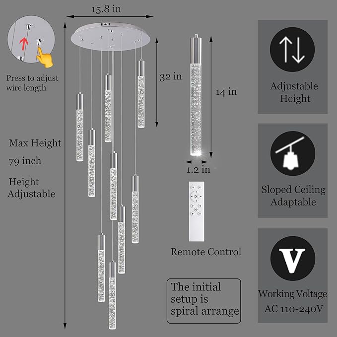 High Ceiling Crystal Chandelier 9-Lights, Spiral Dimmable LED Raindrop Foyer Pendant Light, Bubble Staircase Living Room Hanging Lighting Fixture Chrome