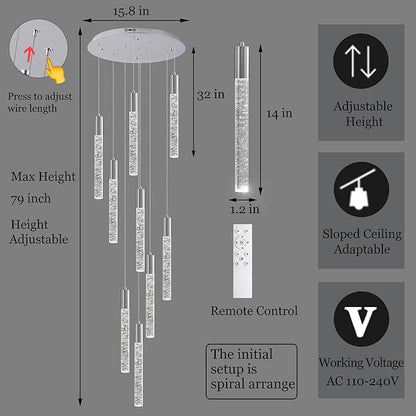 High Ceiling Crystal Chandelier 9-Lights, Spiral Dimmable LED Raindrop Foyer Pendant Light, Bubble Staircase Living Room Hanging Lighting Fixture Chrome