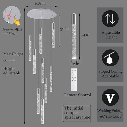 High Ceiling Crystal Chandelier 9-Lights, Spiral Dimmable LED Raindrop Foyer Pendant Light, Bubble Staircase Living Room Hanging Lighting Fixture Chrome