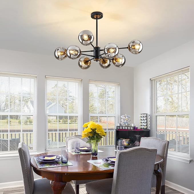DDLLDESHI 8-Light Sputnik Black Chandelier with Globe Glass Black and Gold Pendant Lights Bubble Light Chandeliers for Dining Room Farmhouse Kitchen Living Room Bedroom Office