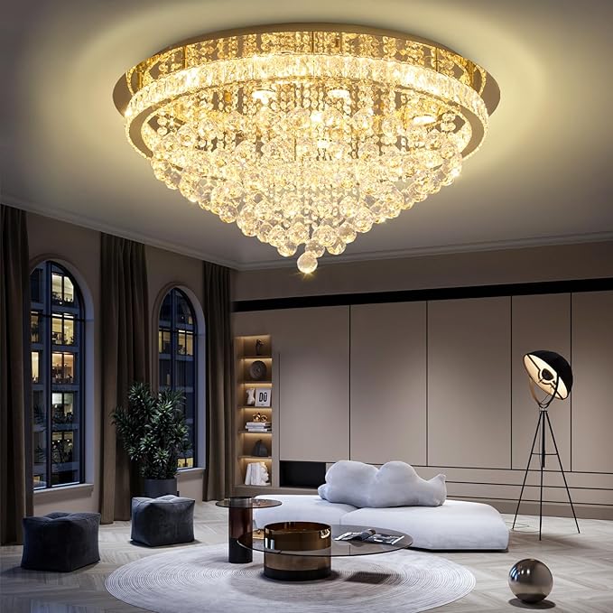 Dia 32" Modern Crystal Chandeliers for Dining Room,Gold Raindrop Chandelier Flush Mount Chandeliers for Living Room Bedrooms Dining Room Dimmable 2700k 4500k 6000k