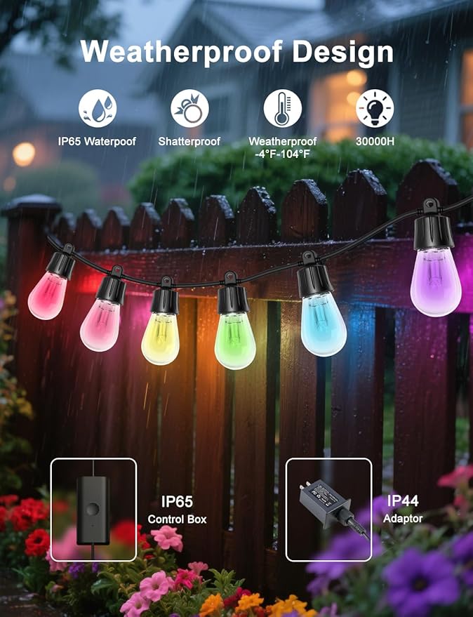150ft String Lights for Outside, Smart RGB IC Warm White Patio Lights Outdoor Waterproof with Remote & App Control, Compatible with Alexa Great for Porch, Yard, Pergola