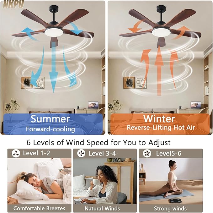 NKPU Ceiling Fans with Lights and Remote Control, 5 Solid Wood Blades, 3CCT Dimmable, Quiet DC Motor, 56 Inch Modern Outdoor Ceiling Fans for Bedroom Farmhouse Patios