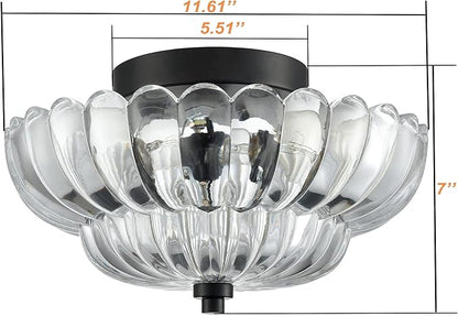HYDELITE Modern Black Ceiling Light Traditional Semi Flush Mount Ceiling Light with Scalloped Clear Glass for Living Room Hallway Close to Ceiling Light Fixture