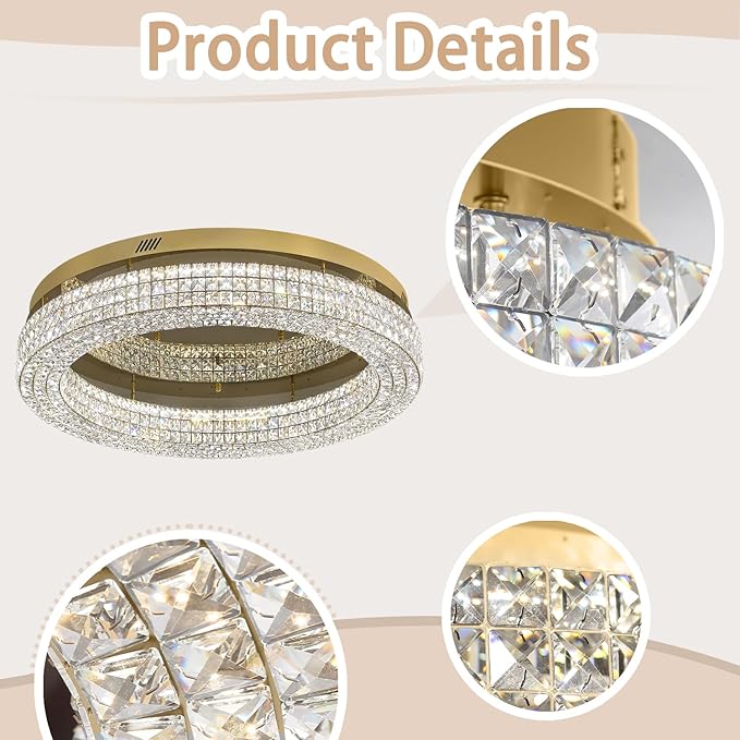 ykolupty 32'' Modern Chandeliers for Living Room Crystal Chandelier Flush Mount Ceiling Light Fixture for Dining Room Living Room Bedroom Dimmable 2700-6000K (Gold Chandelier)