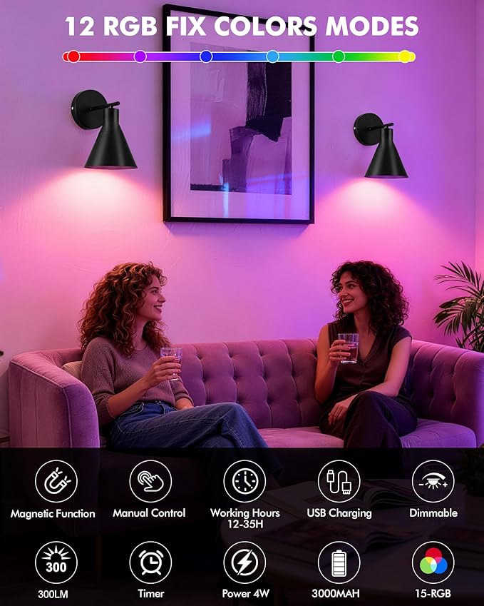 Modern Wireless Battery Operated Wall Sconces, Black Rechargeable Cordless LED Wall Lights Set of Two, Dimmable Battery Powered Wall Decor Lamp Fixture with Remote Control for Bedroom Indoor