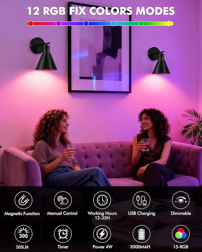 Modern Wireless Battery Operated Wall Sconces, Black Rechargeable Cordless LED Wall Lights Set of Two, Dimmable Battery Powered Wall Decor Lamp Fixture with Remote Control for Bedroom Indoor