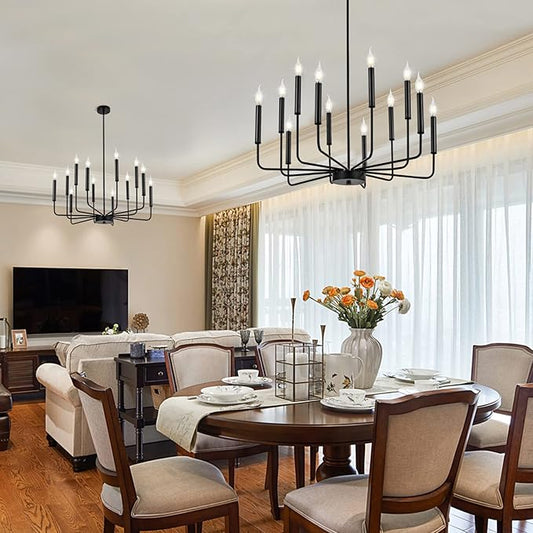 WOKNOS Modern Black Farmhouse Chandeliers, 12-Light Industrial Metal Chandelier Lighting, Classic Candle Hanging Pendant Light Fixtures for Living Room, Dining Room, Kitchen, Bedroom, Entryway