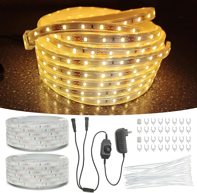 66FT (33FT×2) 12V LED Rope Lights Outdoor Waterproof, 1200 LEDs Warm White Dimmable Flat Tape Lighting, Flexible PVC-Coated for Patio Backyard Garden Christmas Decor Commercial Use