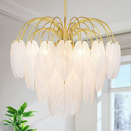 LumFurn 8-Light Gold Chandeliers, 4-Tier Modern Pendant Light Fixture for Dining Room, Living Room, D21 x H24~54" Adjustable Height, Frosted Feather-Shaped Glass Shade & Brass Finish Frame
