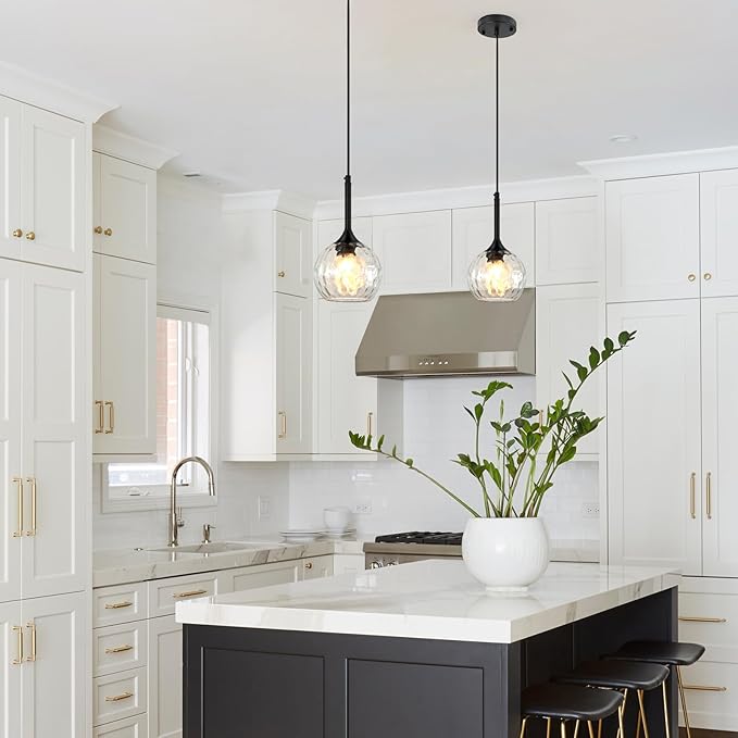 Glass Pendant Lights Kitchen Island: 5.91'' 2-Pack 1-Light Hammered Glass Pendant Light with Black Finish - Modern Minimalist Hanging Light Fixture for Kitchen Sink Dining Room Bathroom