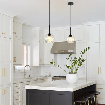 Glass Pendant Lights Kitchen Island: 5.91'' 2-Pack 1-Light Hammered Glass Pendant Light with Black Finish - Modern Minimalist Hanging Light Fixture for Kitchen Sink Dining Room Bathroom