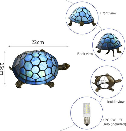 A0020 Tiffany Style Turtle Lamp Handmade Stained Glass Animal Night Light for Bedside Livingroom Bedroom, LED Bulb Included (Blue)