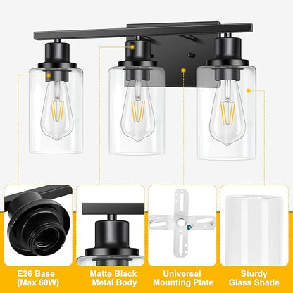 3-Light Vanity Light, Matte Black Bathroom Lighting Fixtures Over Mirror, Modern Metal Wall Lights for Hallway Kitchen Bedroom Living Room