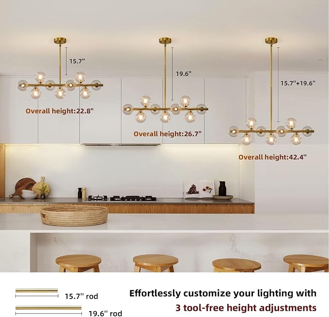 Mid Century Modern Sputnik Chandeliers: 9-Light Contemporary Linear Brass Gold Light Fixture for Dining Room Table - 40" Long Swirled Clear Glass Globe High Chandelier for Living Room Kitchen Island