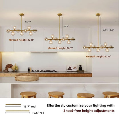 Mid Century Modern Sputnik Chandeliers: 9-Light Contemporary Linear Brass Gold Light Fixture for Dining Room Table - 40" Long Swirled Clear Glass Globe High Chandelier for Living Room Kitchen Island
