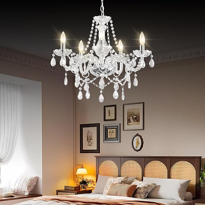 Farmhouse Crystal Chandelier Hanging Pendant Light Fixture, Modern 5 Lights K9 Crystal Ceiling Lighting Fixture for Dining Rooms ﻿Kitchen Island Living Room Bars