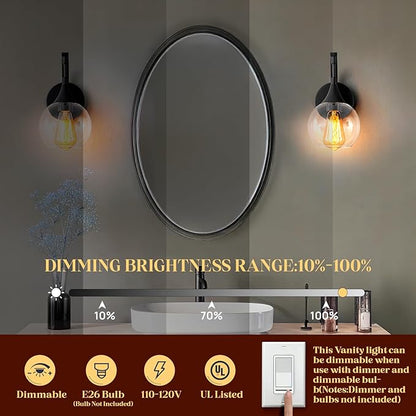 Black Wall Sconces Set of Two,Modern Wall Sconce Light with Clear Glass Shade,Bathroom Vanity Light Fixtures,Farmhouse Wall Lights for Living Room, Hallway,Kitchen