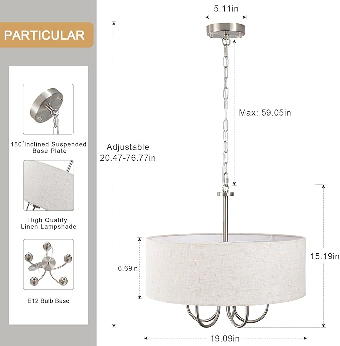 Drum Modern Chandeliers for Dining Room Light Fixture 5 Lights Brushed Nickel Chandelier with Linen Lampshade 19” Farmhouse Chandelier Large Pendant Lighting Fixtures for Foyer Entryway Kitchen