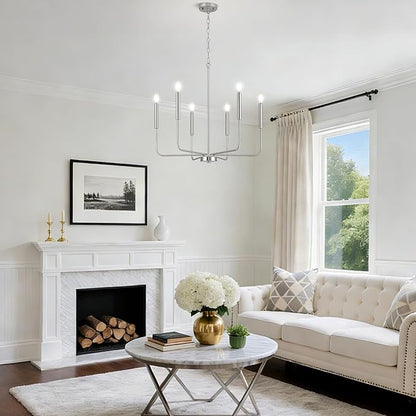 Modern Brushed Nickel Chandelier for Dining Room, Metal 6-Light Kitchen Light Fixtures, Farmhouse Candle Hanging Pendant Light for Living Room Entryway Foyer Bedroom (Bulbs Not Included)