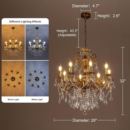 Wellmet Crystal Chandeliers Vintage Antique Bronze Chandelier 8 Lights Candle Pendant Ceiling Light Fixture for Dining Room Living Room Kitchen Bedroom Hallway Entryway Dia 28"