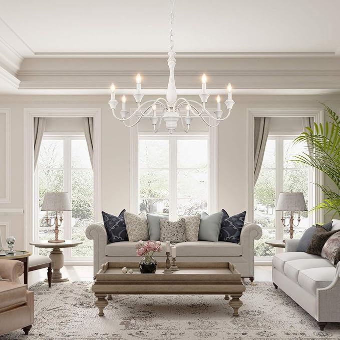 French Country Chandelier, 8-Lights Farmhouse Chandeliers for Dining Room Distressed White Chandelier, Rustic Candle Chandelier for Living Room Bedroom Kitchen