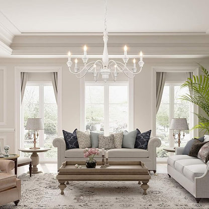 French Country Chandelier, 8-Lights Farmhouse Chandeliers for Dining Room Distressed White Chandelier, Rustic Candle Chandelier for Living Room Bedroom Kitchen