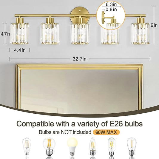 Crystal Bathroom Light Fixtures,Bathroom Lighting Fixtures Over Mirror, Modern 5-Light Gold Vanity Lights for Mirror, Restroom,Kitchen(Ceramic E26 Socket,Bulbs Not Include)