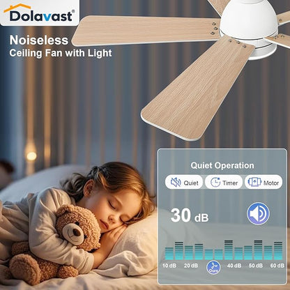 Ceiling Fans with Lights, 42 Inch Low Profile Ceiling Fan with Light and Remote Control, Flush Mount, Reversible, 3CCT, Dimmable LED, Quiet, White Ceiling Fan for Bedroom, Kitchen
