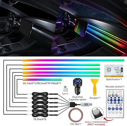 Dreamcolor Acrylic Interior Car LED Strip Light with USB/Type C/4-Port Cigarette Lighter,RGB 6 in 1 with 187 inches 650 LEDs Ambient Lighting Kits, Sound Active Function Neon Led Strips for Car