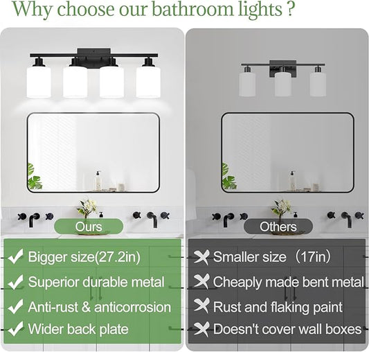MOKATNG 4-Light Bathroom Light Fixtures, Vanity Light with Milky White Shades, Matte Black Bathroom Light Fixtures Over Mirror, Modern Bathroom Wall Lamp for Mirror Living Room Cabinet Bedroom
