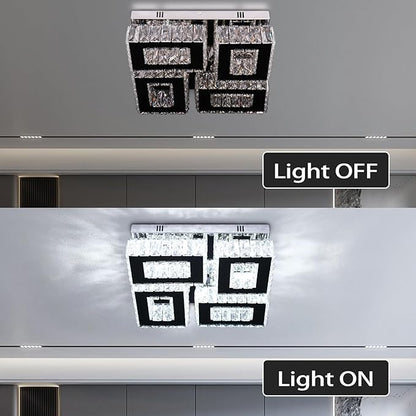 13.1'' Modern Square Crystal Chandeliers Flush Mount Square Crystal Ceiling Light Fixtures Stainless Steel LED Chandelier Light for Bedroom Dining Room Hallway Cool White