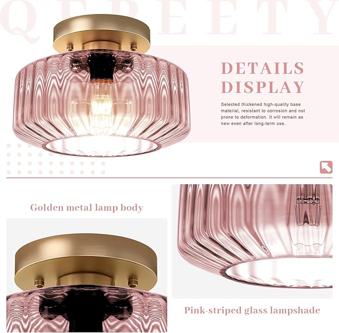 Pink Ribbed Glass Flush Mount Ceiling Light, 8.66" Modern Gold Semi-Flush Mount Light Fixture, Mid-Century Round Ceiling Lamp with E26 Base for Bedroom Bathroom Hallway
