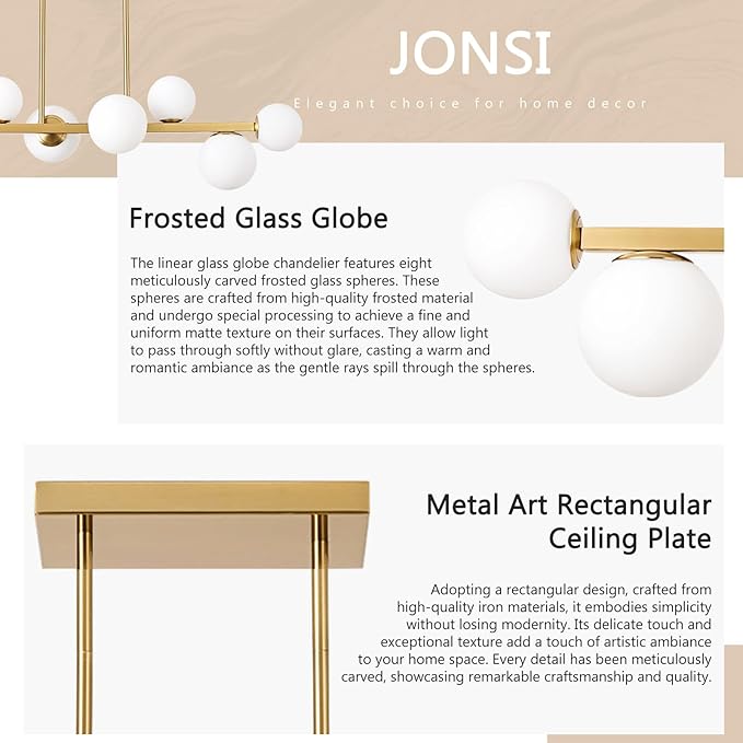 Jonsi Dining Room Light Fixture Over Table, Mid Century Chandeliers, Modern 8 Lights Globe Glass Linear Chandelier Adjustable Ceiling Hanging for Living Dining Room Kitchen Island, Gold