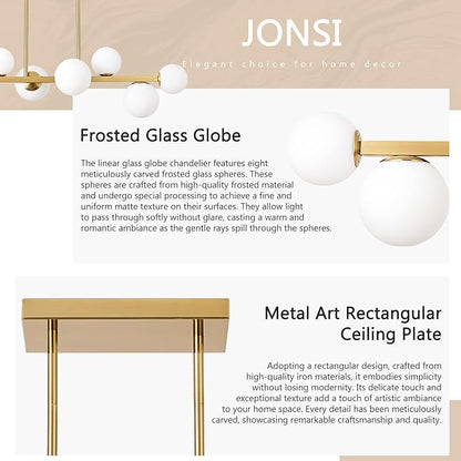Jonsi Dining Room Light Fixture Over Table, Mid Century Chandeliers, Modern 8 Lights Globe Glass Linear Chandelier Adjustable Ceiling Hanging for Living Dining Room Kitchen Island, Gold