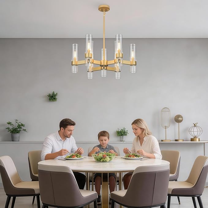 LIGHTDAMY Gold Chandelier,9 Light Farmhouse Chandeliers for Dining Room Light Fixtures Over Table,Kitchen Hanging Lighting with Clear Glass Class for Living Room Kitchen Island Hallway Foyer 28"