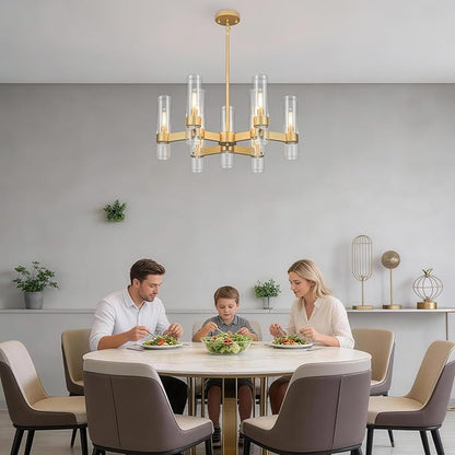 LIGHTDAMY Gold Chandelier,9 Light Farmhouse Chandeliers for Dining Room Light Fixtures Over Table,Kitchen Hanging Lighting with Clear Glass Class for Living Room Kitchen Island Hallway Foyer 28"