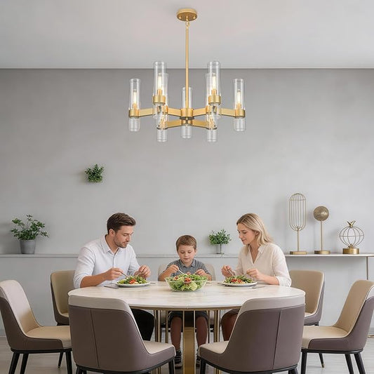 LIGHTDAMY Gold Chandelier,9 Light Farmhouse Chandeliers for Dining Room Light Fixtures Over Table,Kitchen Hanging Lighting with Clear Glass Class for Living Room Kitchen Island Hallway Foyer 28"