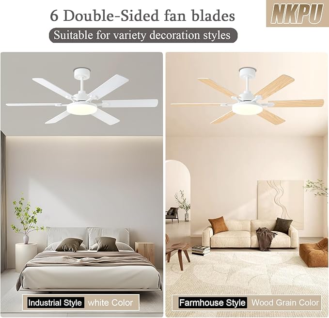 NKPU 56 Inch Ceiling Fans with Lights, Modern White Ceiling Fan with Light and Remote Control, 6 Double Sided Blades, 6 Speed Reversible Motor, Dimmable LED, Silent Timing, Indoor Outdoor Patio Use