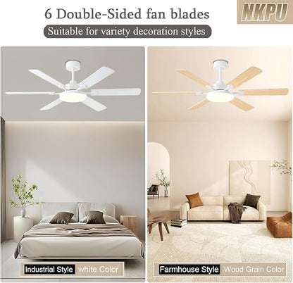 NKPU 56 Inch Ceiling Fans with Lights, Modern White Ceiling Fan with Light and Remote Control, 6 Double Sided Blades, 6 Speed Reversible Motor, Dimmable LED, Silent Timing, Indoor Outdoor Patio Use