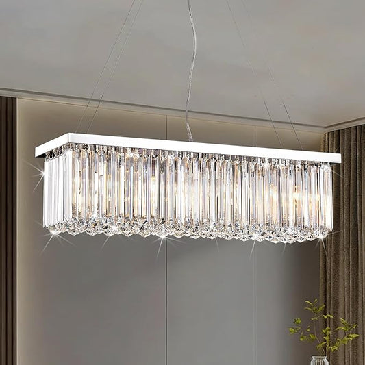 Modern Silver Rectangular Crystal Chandelier, Dining Room Chandeliers Over Table, Luxury Chrome Pendant Ceiling Light Fixtures for Kitchen Island, Living Room, Bar of CRYSTOP