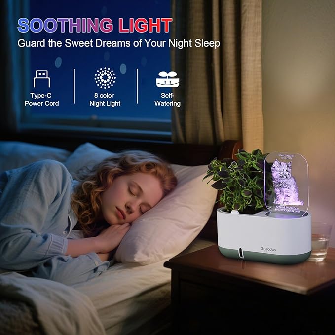 Self-Watering Plant Pot with LED Note Board & 7 Colors Pen Acrylic Message Board with Light Acrylic Dry Erase Board, Led Cat Board Night Light with Planting Pot for Children's Day Gifts(No Plant&Seed)