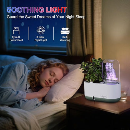 Self-Watering Plant Pot with LED Note Board & 7 Colors Pen Acrylic Message Board with Light Acrylic Dry Erase Board, Led Cat Board Night Light with Planting Pot for Children's Day Gifts(No Plant&Seed)