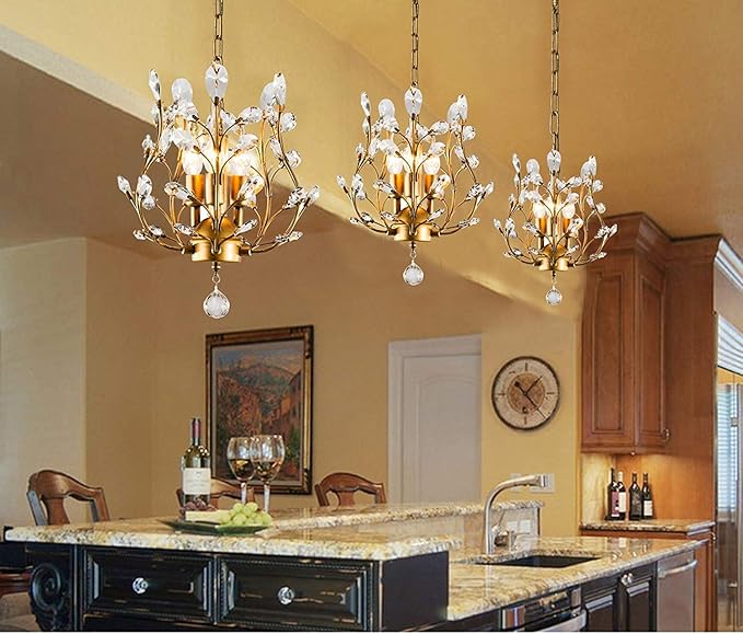 Garwarm 3-Light Crystal Chandeliers,Ceiling Lights,Crystal Pendant Lighting,Ceiling Light Fixtures for Living Room Dining Room Bedroom Restaurant Porch(Gold)
