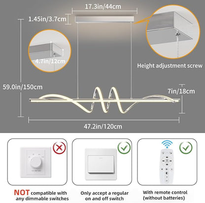 Modern LED Pendant Lights Kitchen Island,3000k-6000K Adjustable Color Dining Room Light Fixture,Dimmable with Remote Control Aluminum for Kitchen, Living, Dining,Bedroom(47in Chrome Silver