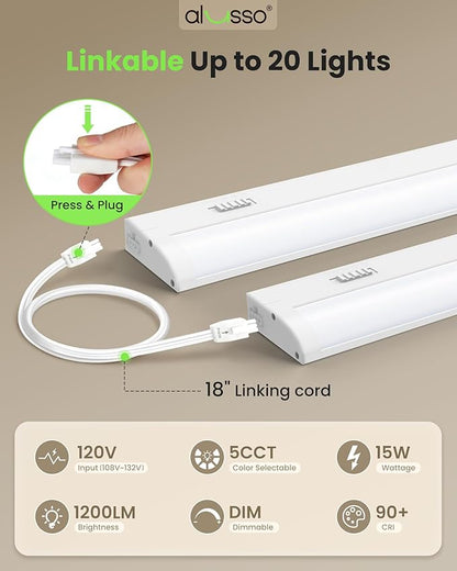 ALUSSO 24 Inch LED Under Cabinet Lighting Hardwired 120V, 5CCT Color Selectable 2700K-5000K Dimmable 15W 1200LM High Brightness, CRI 90+ Strip Linkable Under Counter Lights for Kitchen Sink, 1 Pack