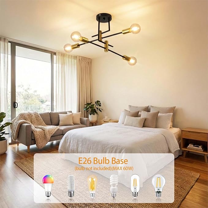 Modern Sputnik Chandelier 4-Light Adjustable Ceiling Light Fixture Semi Flush Mount Ceiling Lamp with E26 Base Industrial Ceiling Light for Dining Room Bedroom Living Room Black and Gold