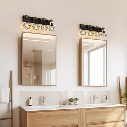 4 Light Farmhouse Vanity Light for Bathroom, Wood Bathroom Vanity Light Fixtures Over Mirror, Rustic Sconces Wall Lighting with Metal Lampshade for Living Room, Bedroom, Hallway