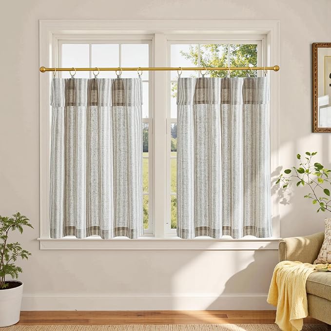 jinchan Striped Linen Kitchen Curtains with Attached Valance 36 Inch Length Cafe Tier Curtains for Living Room Rustic Half Window Light Filtering Rod Pocket Small Drapes 2 Panels Taupe Grey
