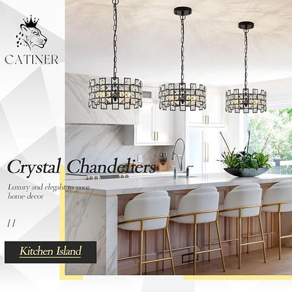 CATINER Black Crystal Pendant Light, 12'' Round 4-Light Modern Chandelier, Semi Flush Mount Ceiling Light for Kitchen Island, Dining Room, Bedroom, Entryway, Hallway, Foyer
